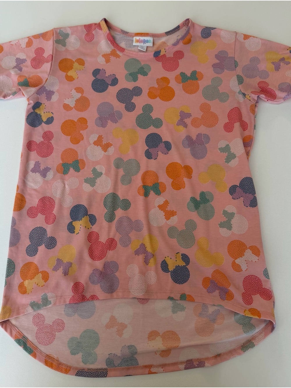 LuLaRoe Pink Short Sleeve Tee with Multicolor Mickey-Style Prints